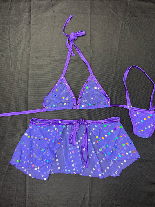Purple Mesh Bikini Top/Skirt Two-Piece Lingerie Outfit