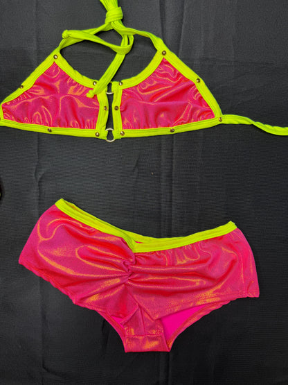 Hot pink/Fuchsia/Neon Yellow Spandex Two-Piece Shorts Lingerie Outfit