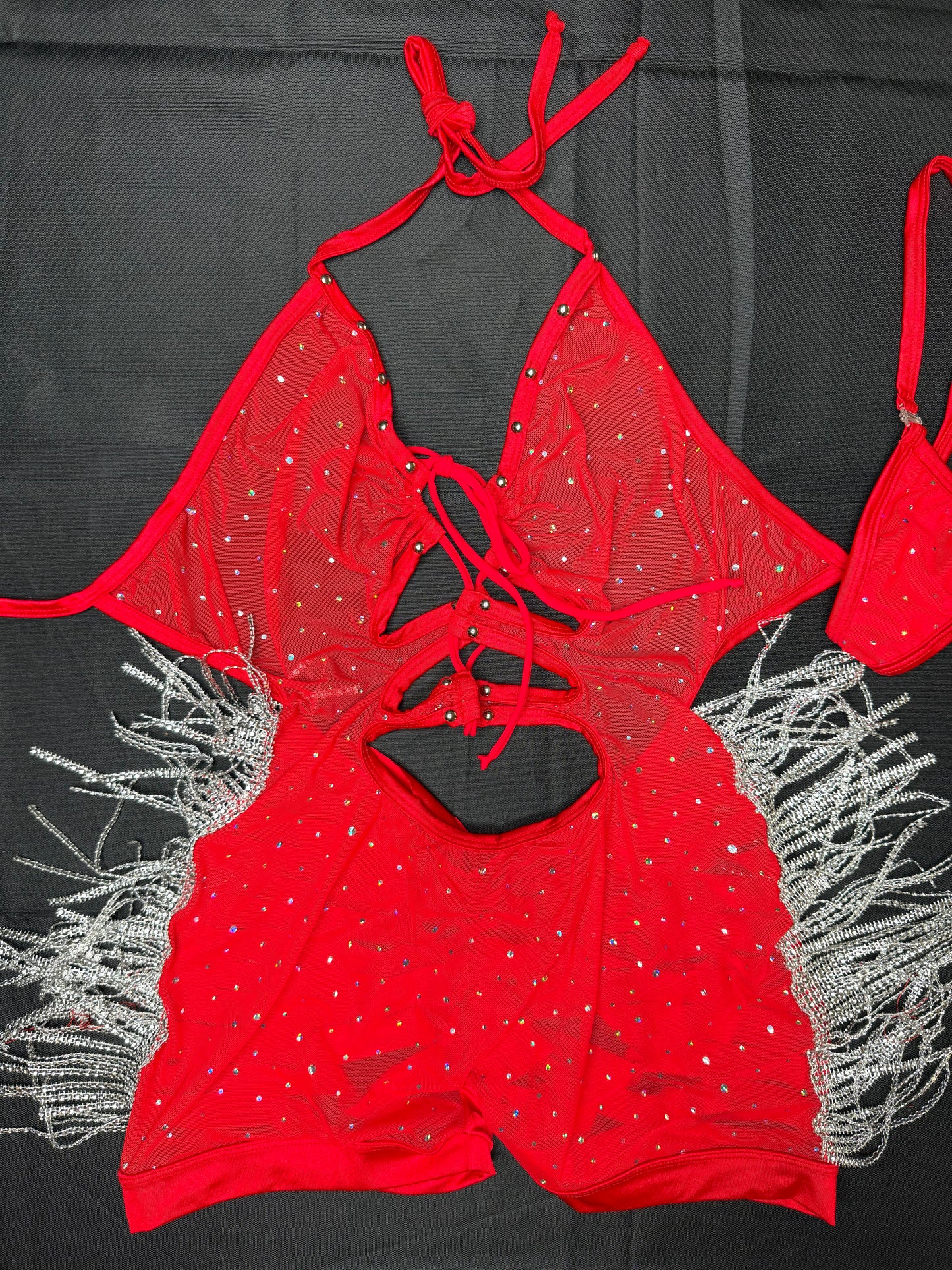 Red Mesh/Red Spandex/Metallic Fringe Ripped Back One-Piece Lingerie Outfit