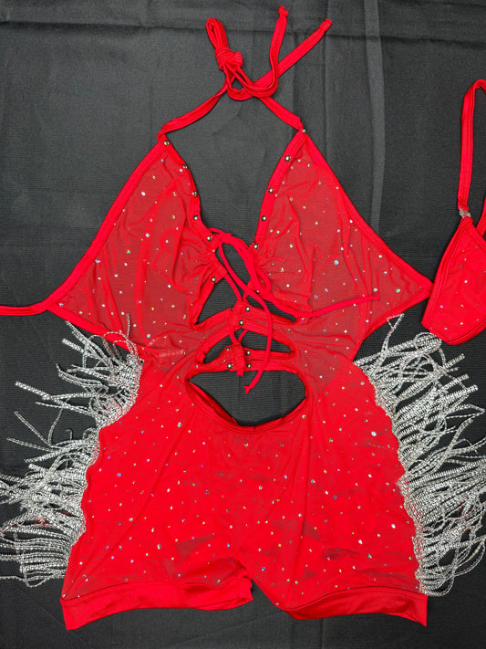 Red Mesh/Red Spandex/Metallic Fringe Ripped Back One-Piece Lingerie Outfit
