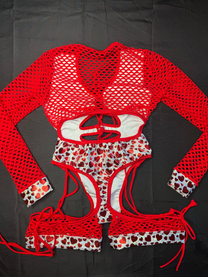 Metallic Hearts/Red Fishnet Spandex Long Sleeve Romper Lingerie Outfit