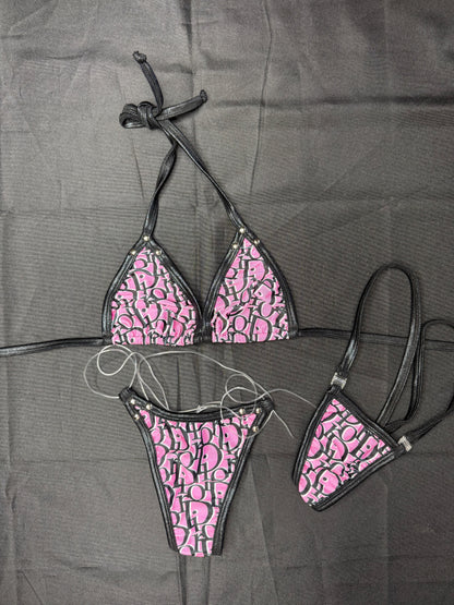 Designer Baby Pink/Metallic Black Spandex Two-Piece Bikini Lingerie Outfit