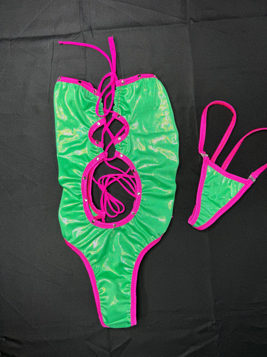 Holographic Green/Hot Pink Spandex One-Piece Lingerie Outfit