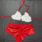 Red Metallic Spandex/White Fur Three-Piece Shorts/Bikini Top with Hat