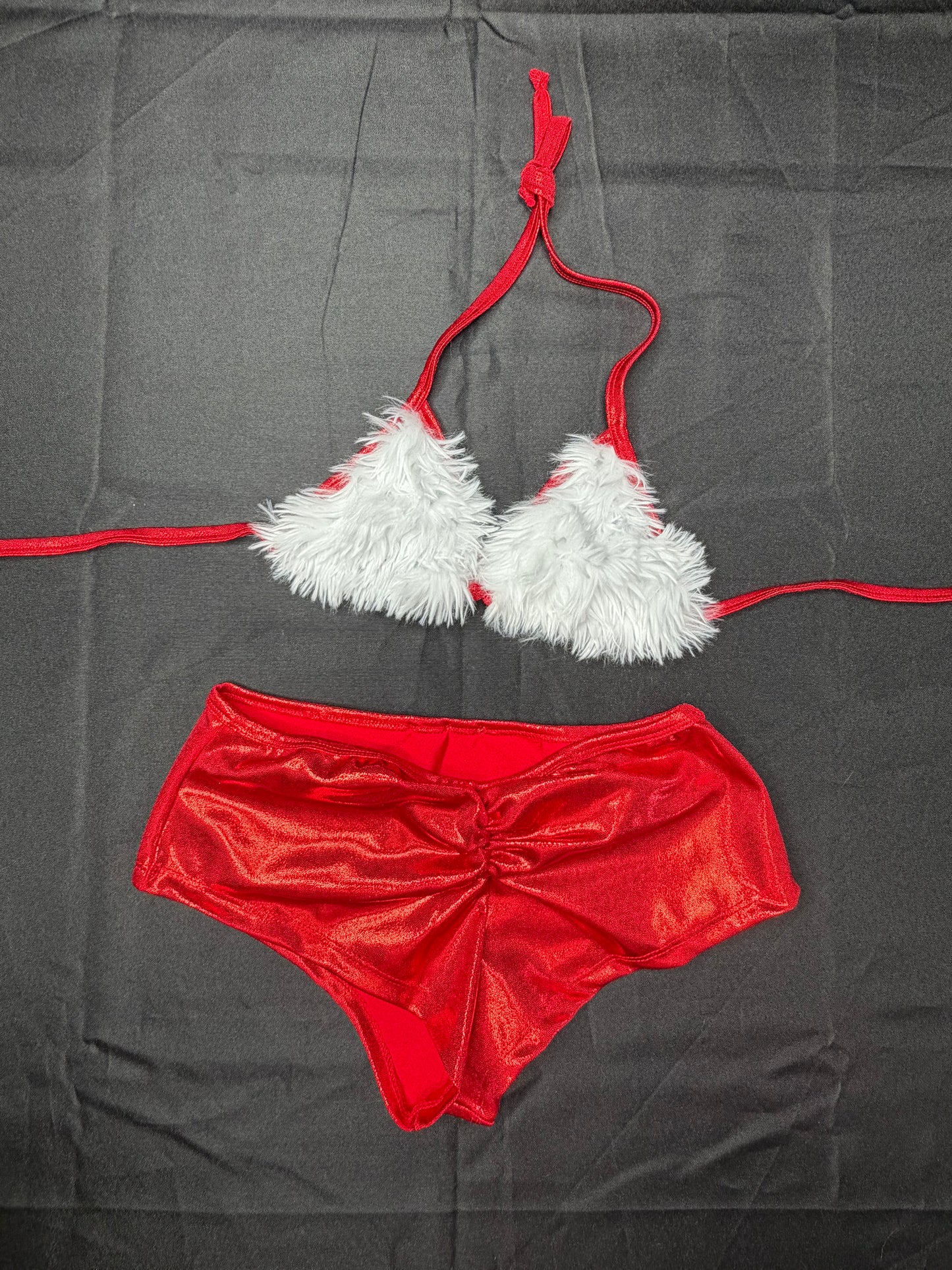 Red Metallic Spandex/White Fur Three-Piece Shorts/Bikini Top with Hat