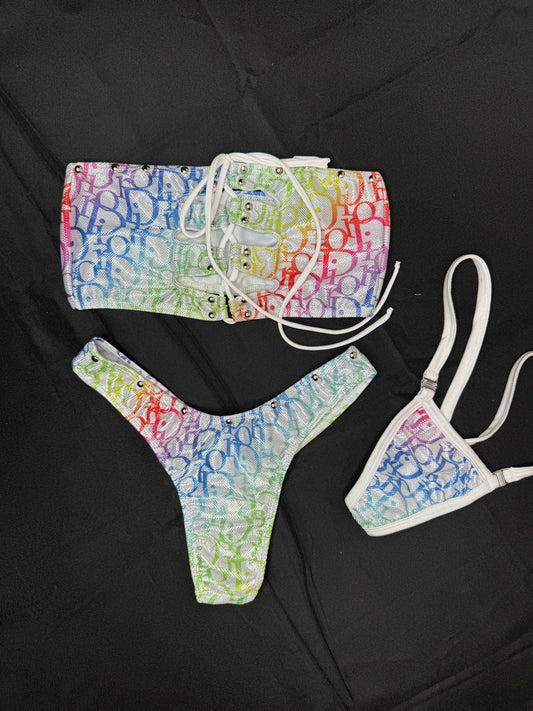 Rainbow Tube Top Cheeky Thong Two-Piece Lingerie Outfit