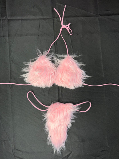 Baby Pink Fur 4-Piece Bikini Top/Thong Wrist & Armlet Lingerie Outfit