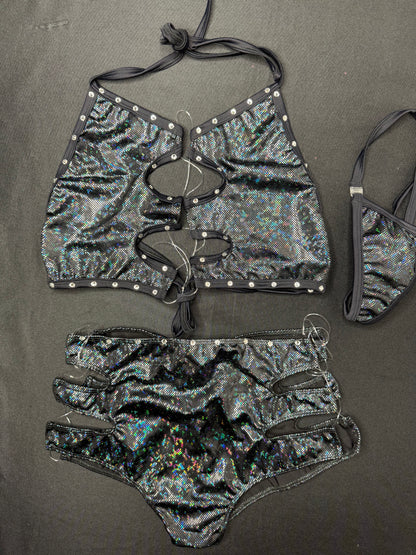 Metallic Black Spandex Sports Bra/Shorts Two-Piece Lingerie Outfit