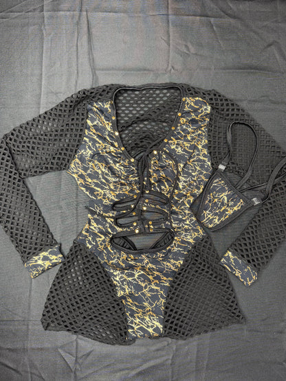 Black/Gold Spandex Romper Lingerie Outfit