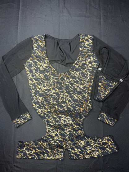 Gold/Black Spandex/Black Mesh Long Sleeve Romper Lingerie Outfit
