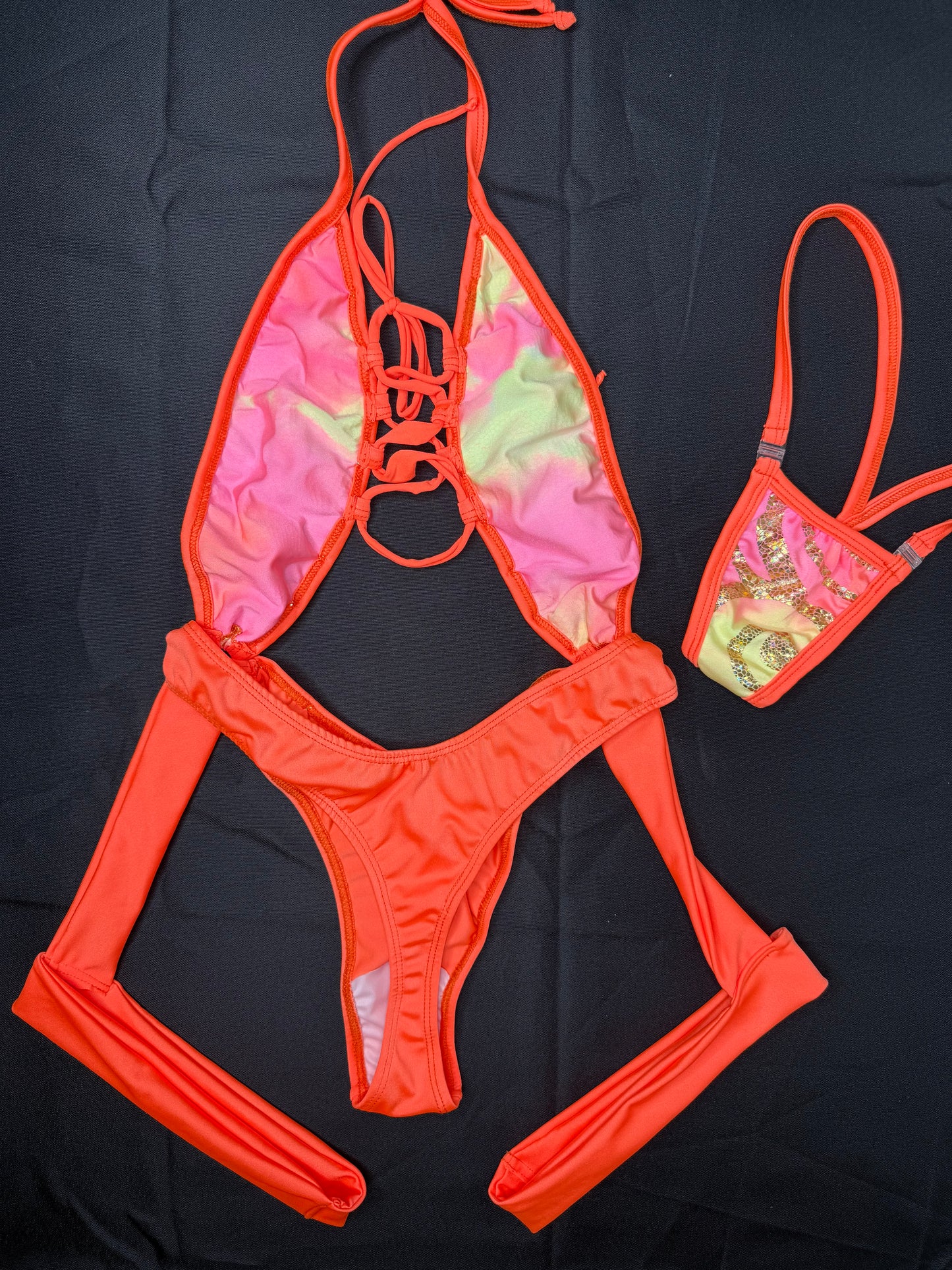 Metallic Orange Spandex One-Piece Lingerie Outfit