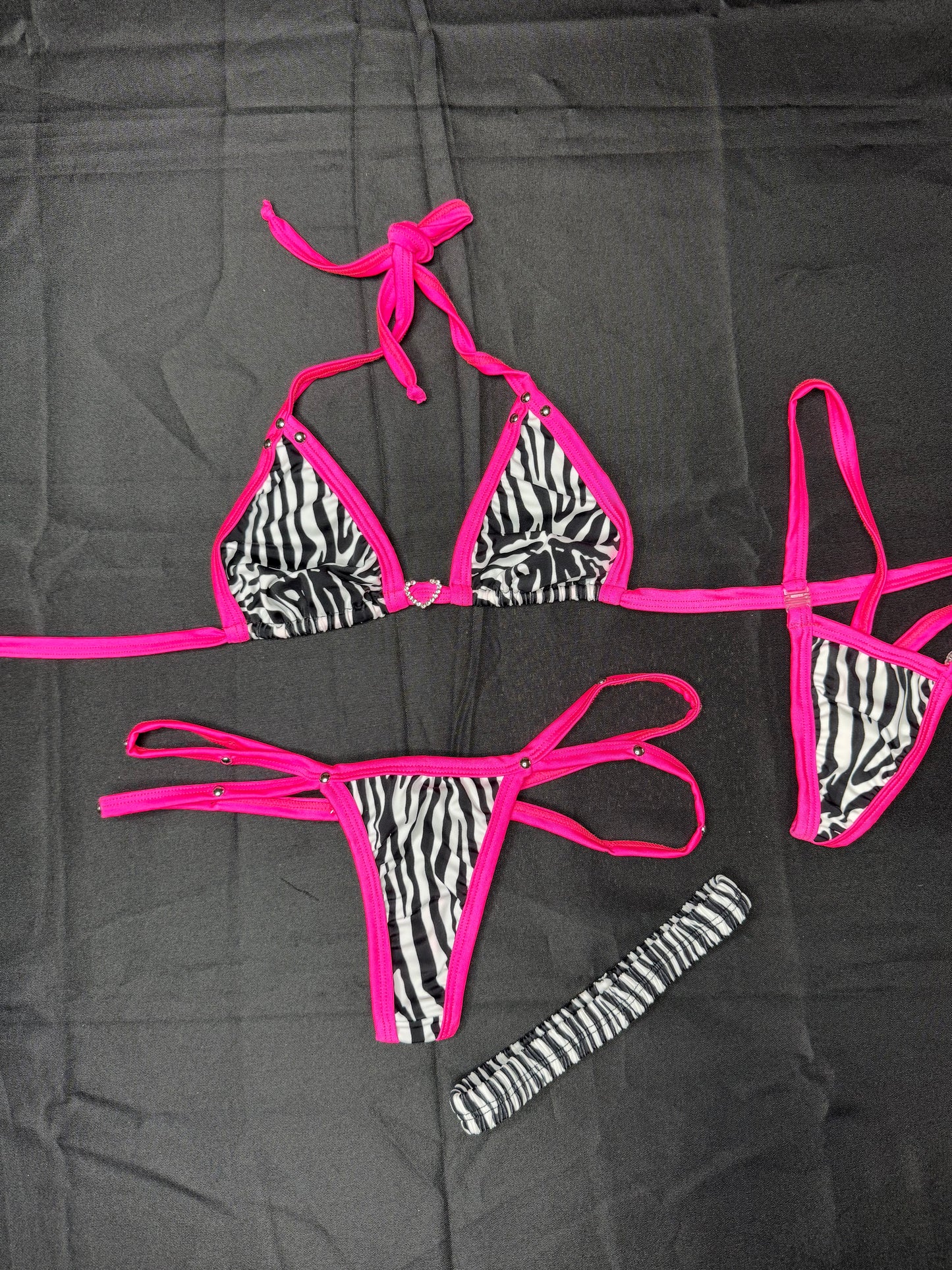 Zebra Animal Print/Hot Pink Spandex Two-Piece Lingerie Outfit with Garter
