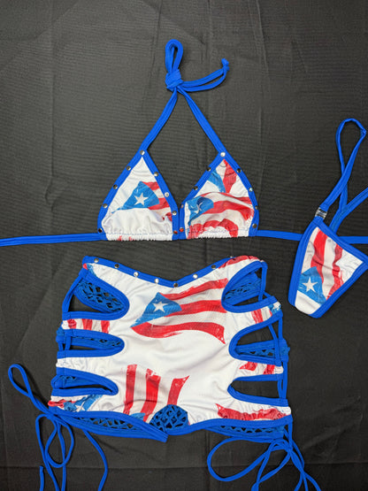 Puerto Rico 🇵🇷 Spandex Two-Piece Bikini Top/Shorts Lingerie Outfit