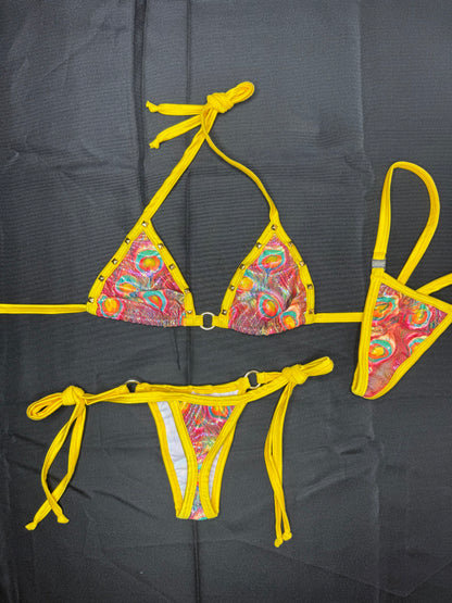 Peacock Holographic/Yellow Spandex Two-Piece Bikini Lingerie Outfit