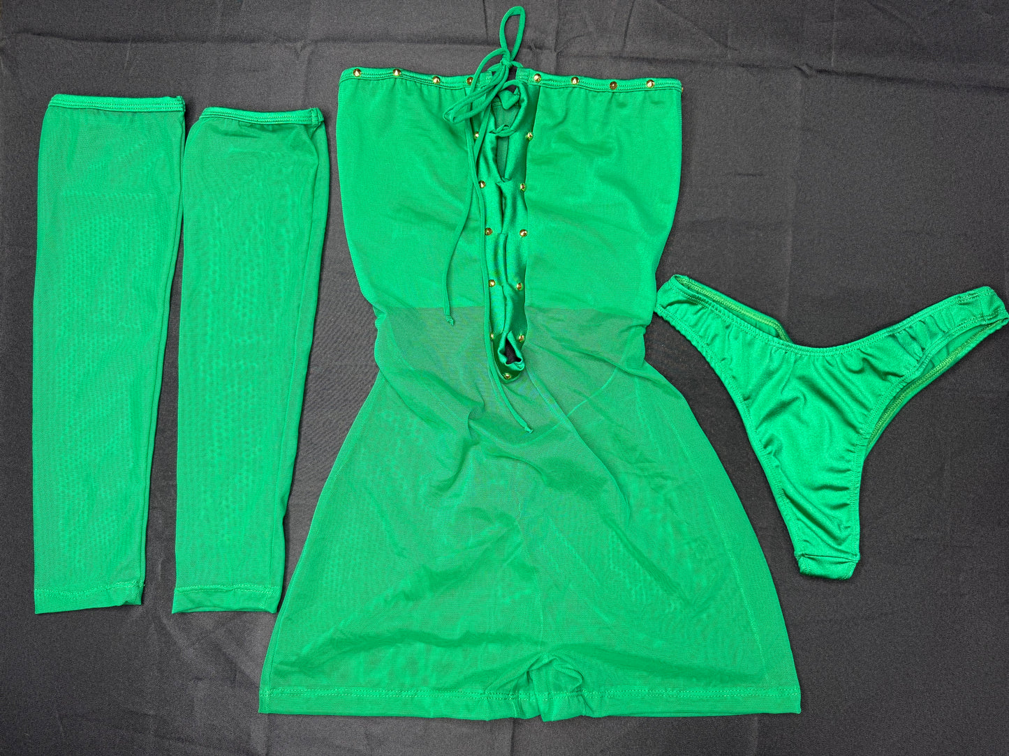 Hunter Green Three-Piece Sleeves/Cheeky Thong Lingerie Outfit