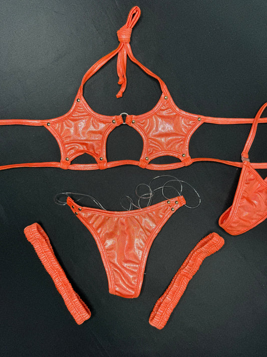 Orange Microdot Star-Top Two-Piece Garters Bikini Lingerie Outfit