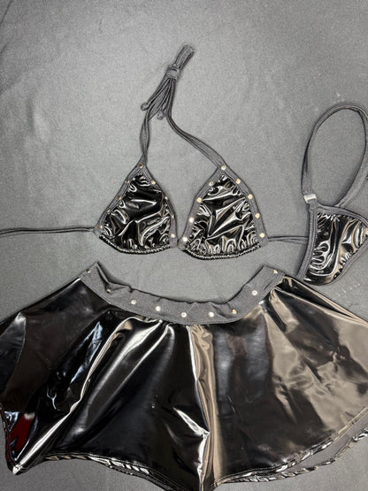 Black Latex Bikini Top/Skirt Two-Piece Lingerie Outfit