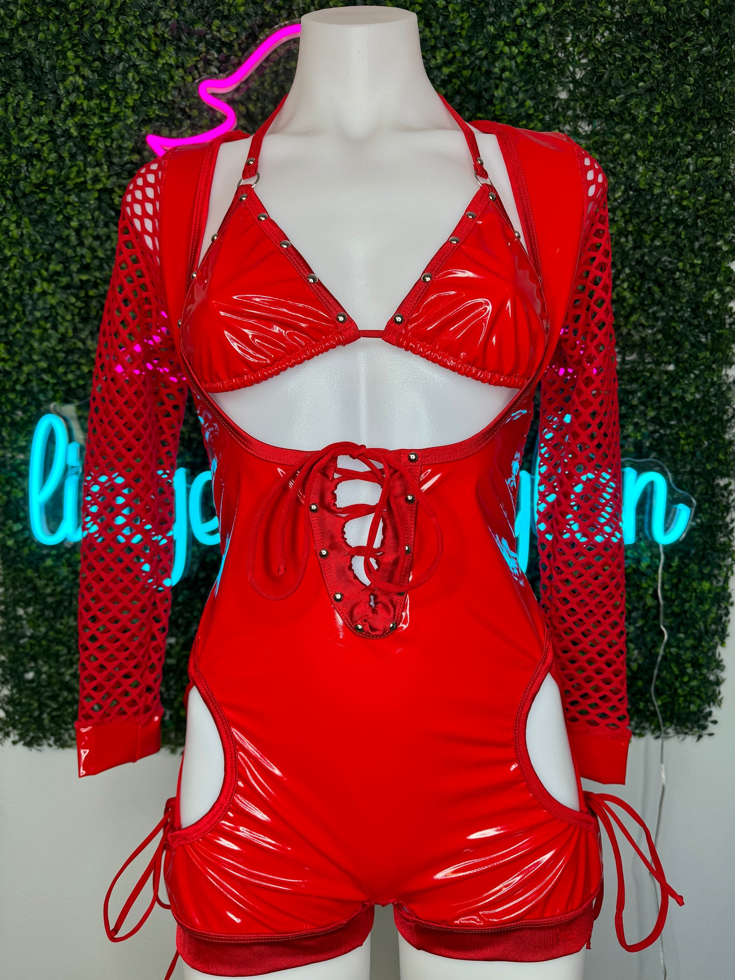 Red Latex/Fishnet Bartender Romper Outfit