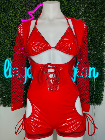Red Latex/Fishnet Bartender Romper Outfit
