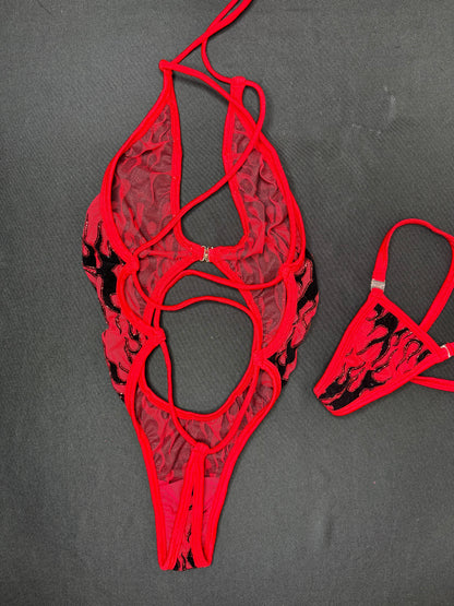 Mesh Red/Black Flame One-Piece Lingerie Outfit