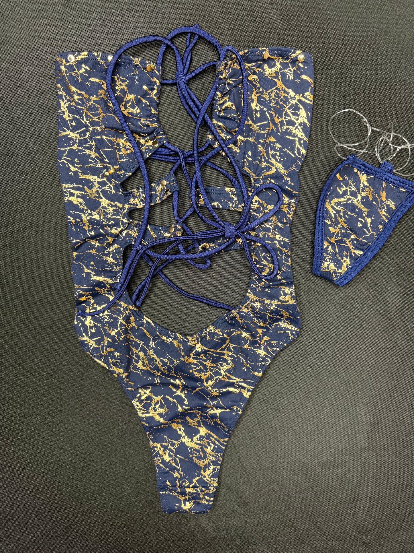 Royal Blue/Gold Spandex One-Piece Lingerie Outfit