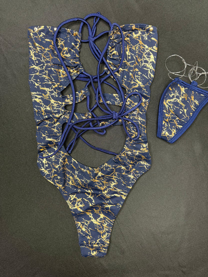Royal Blue/Gold Spandex One-Piece Lingerie Outfit