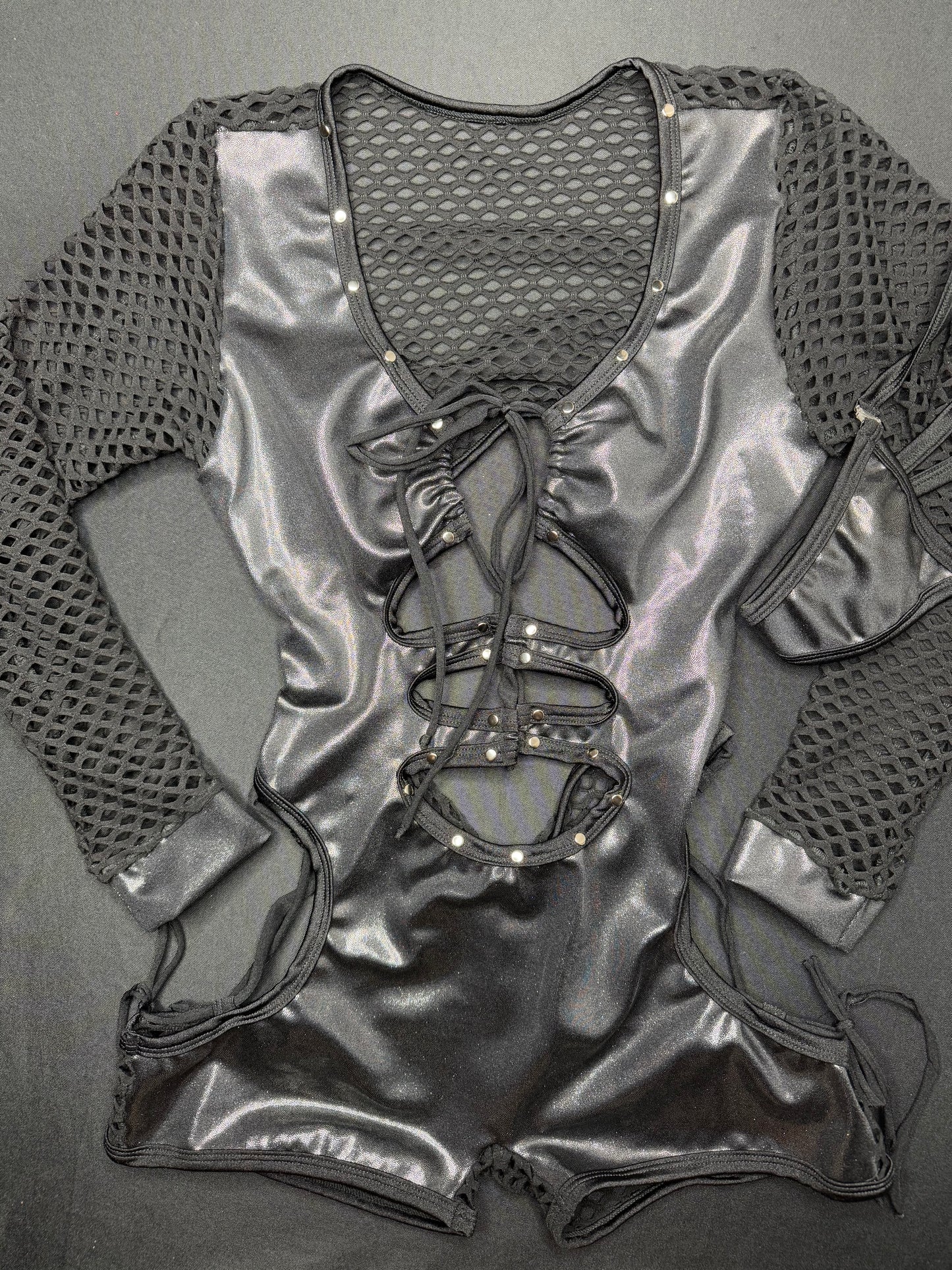 Metallic Black/Black Fishnet One-Piece Romper Lingerie Outfit