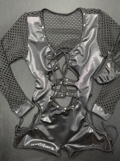 Metallic Black/Black Fishnet One-Piece Romper Lingerie Outfit