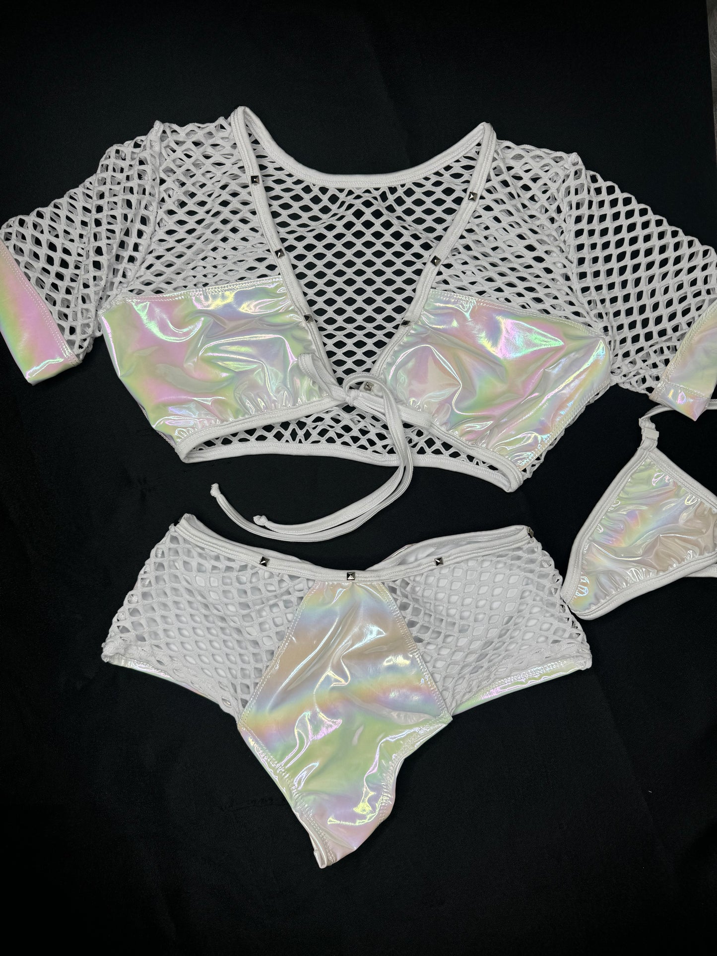 White/White Reflective Spandex/Fishnet Short Sleeve/Shorts Two-Piece Lingerie Outfit