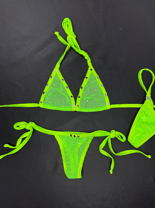 Neon Green Mesh Two-Piece Bikini Lingerie Outfit