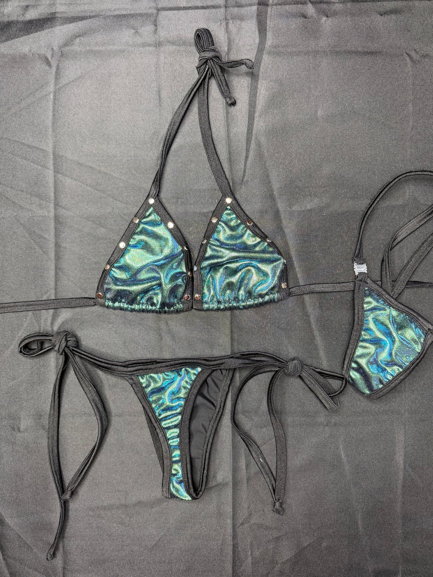 Metallic Kelly Green Spandex Two-Piece Side-Tie Bikini Lingerie Outfit