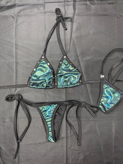 Metallic Kelly Green Spandex Two-Piece Side-Tie Bikini Lingerie Outfit