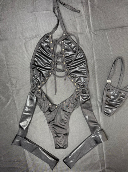 Metallic Black/Black Spandex One-Piece Lingerie Outfit
