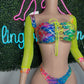Rainbow Fish Animal Print Spandex/Neon Yellow Mesh Two-Piece Lingerie Outfit