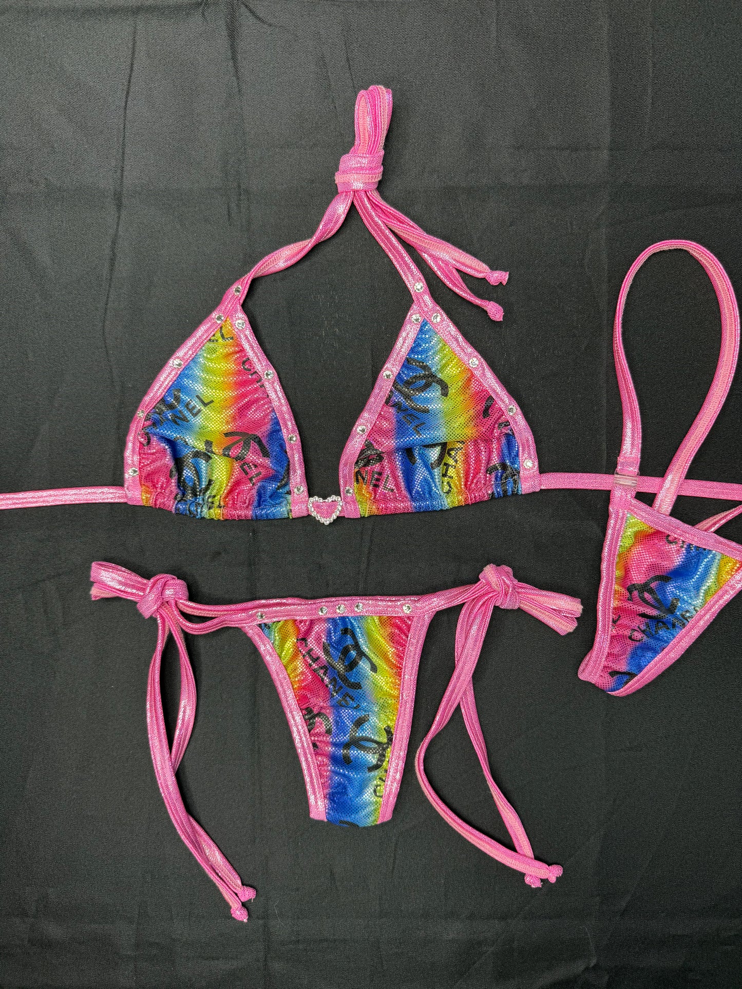 Metallic Pink/Designer Rainbow Spandex Two-Piece Bikini Lingerie Outfit