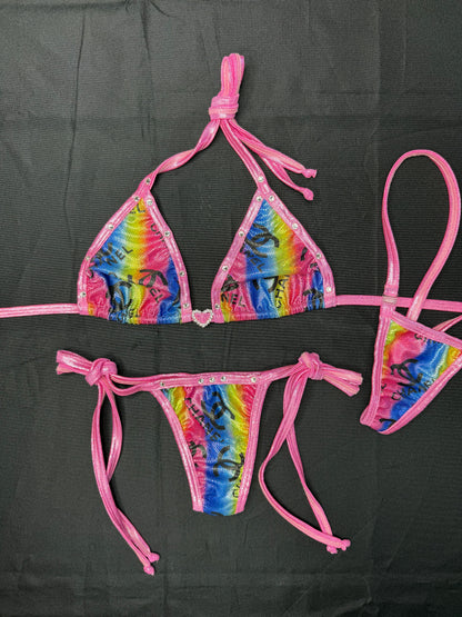 Metallic Pink/Designer Rainbow Spandex Two-Piece Bikini Lingerie Outfit