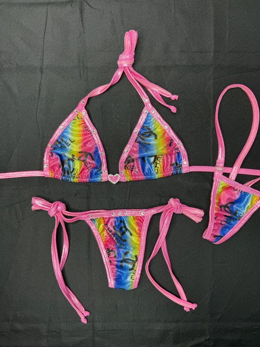 Metallic Pink/Designer Rainbow Spandex Two-Piece Bikini Lingerie Outfit