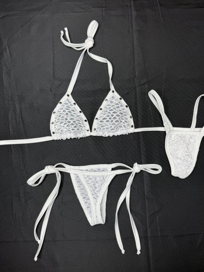 White Mesh/Fishnet Spandex Two-Piece Bikini Lingerie Outfit