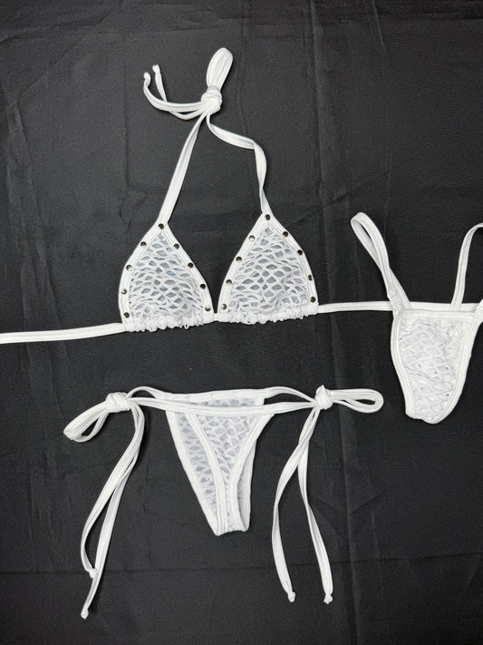 White Mesh/Fishnet Spandex Two-Piece Bikini Lingerie Outfit