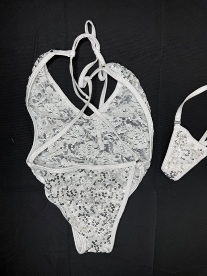 White Lace Sequins One-Piece Lingerie