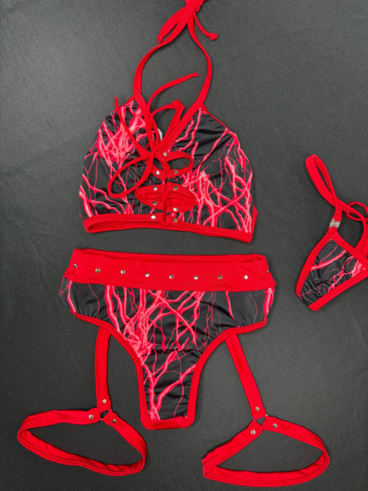 Red Thunder Print Sports Bra/Garter Shorts Two-Piece Lingerie Outfit