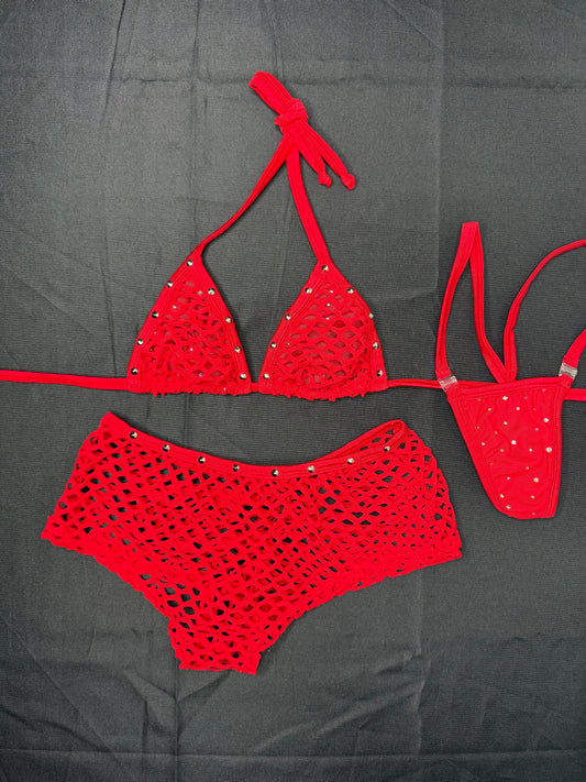 Red Fishnet Spandex Bikini Top/Shorts Two-Piece Lingerie Outfit