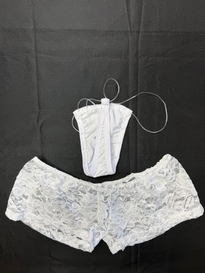 White Spandex/White Lace Three-Piece Shorts Lingerie Outfit