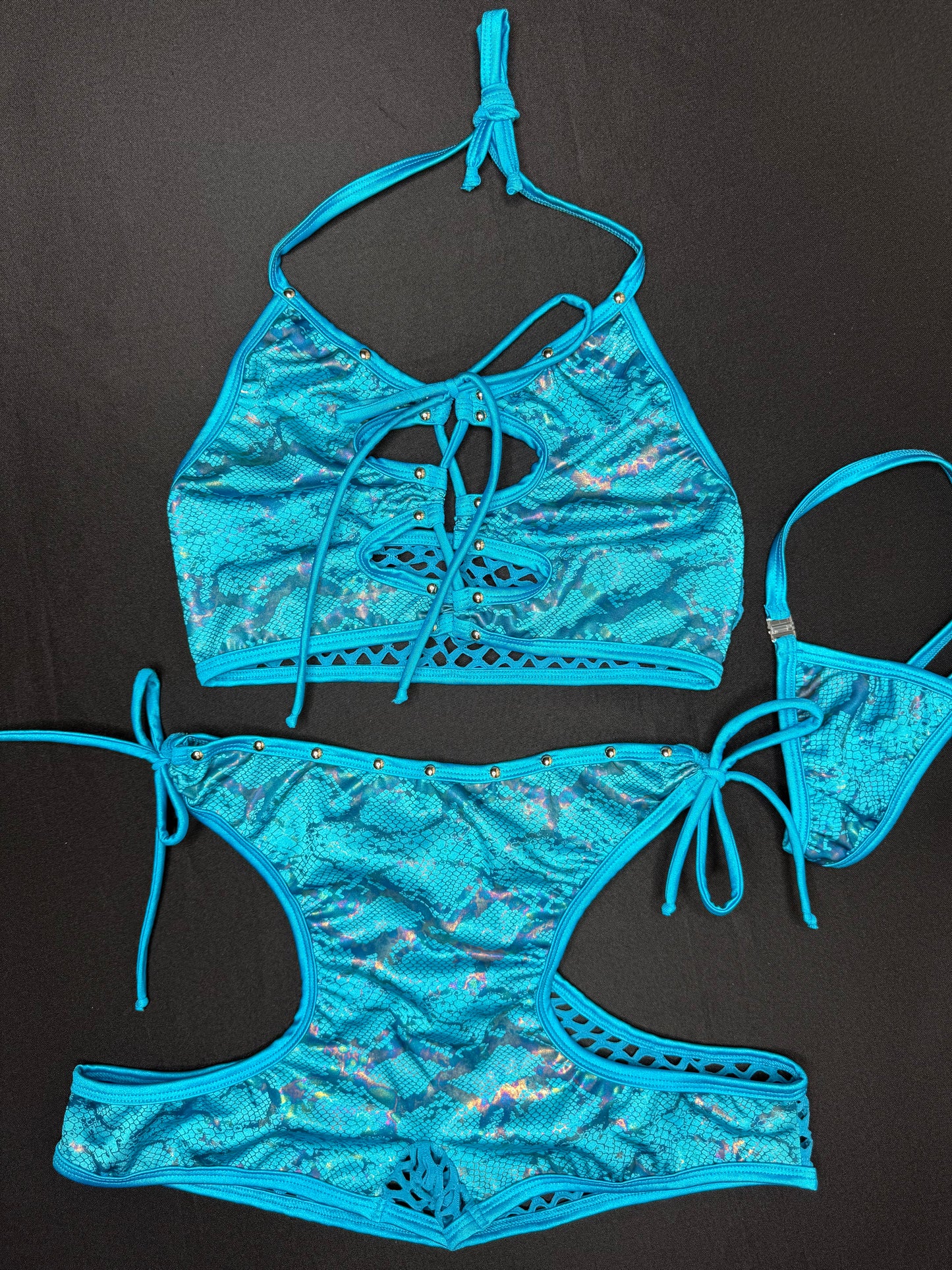 Turquoise Snake Skin Two-Piece Sports Bra/Shorts Lingerie Outfit