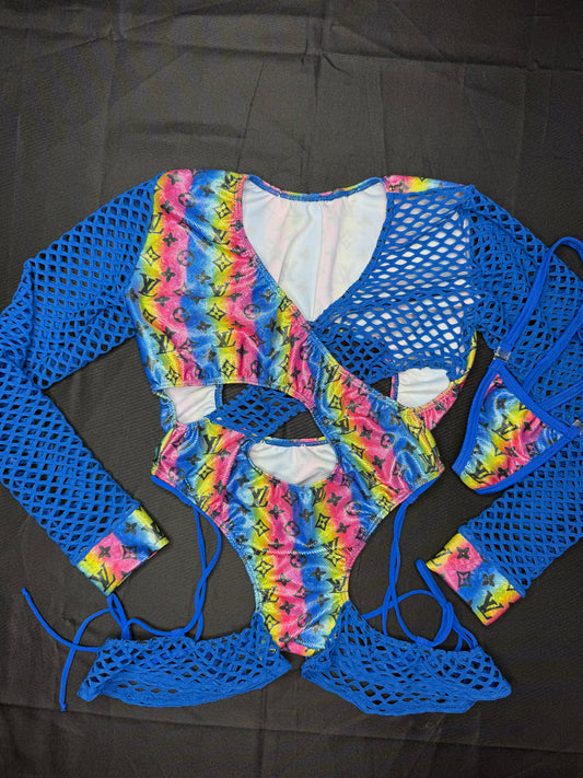 Royal Blue/Rainbow Designer Spandex Romper Lingerie Outfit