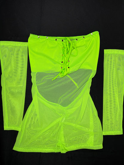 Neon Green Mesh Three-Piece Cheeky Thong/Sleeves Lingerie Outfit