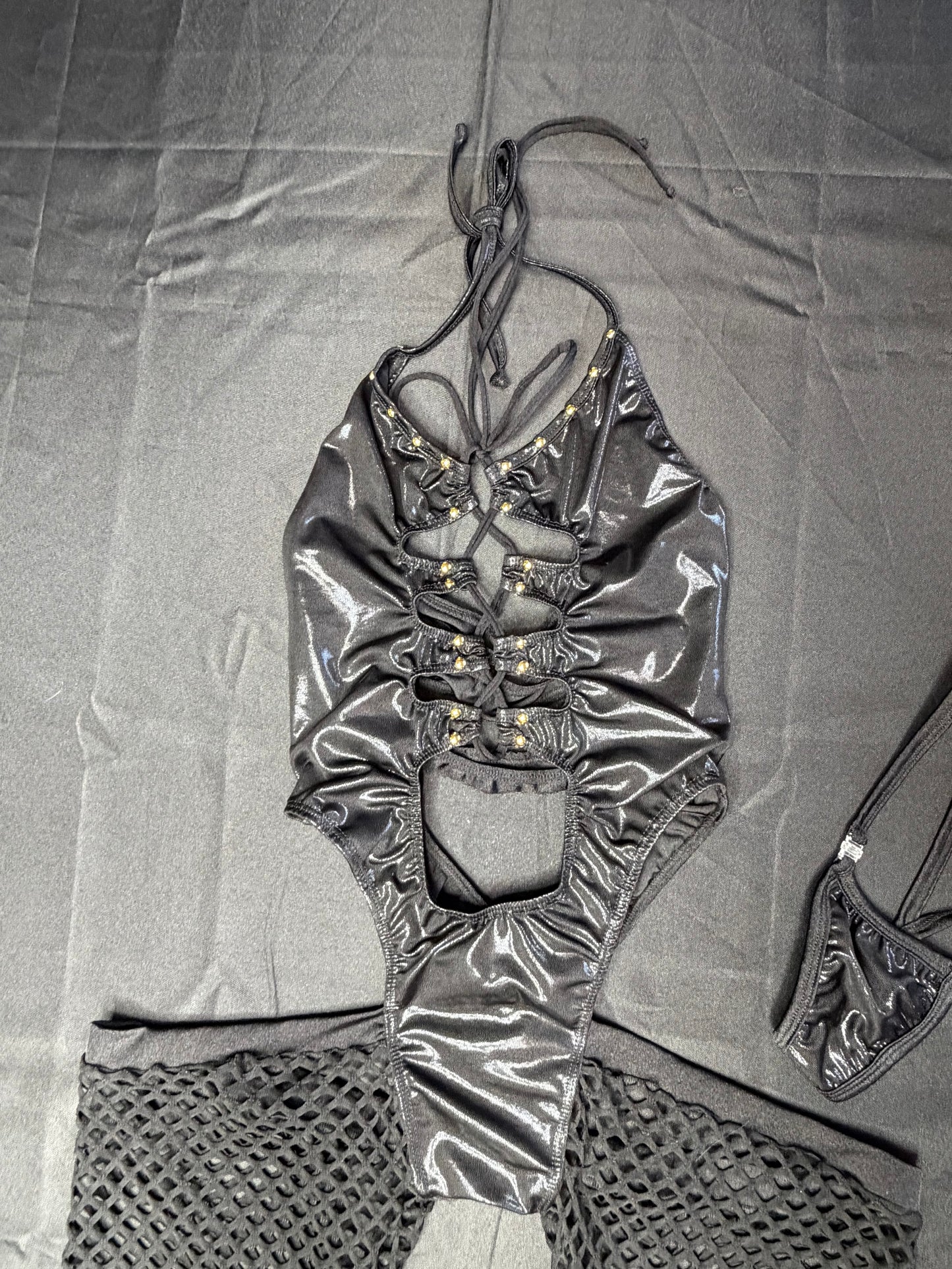 Metallic Black/Black Spandex Body Suit Lingerie Outfit