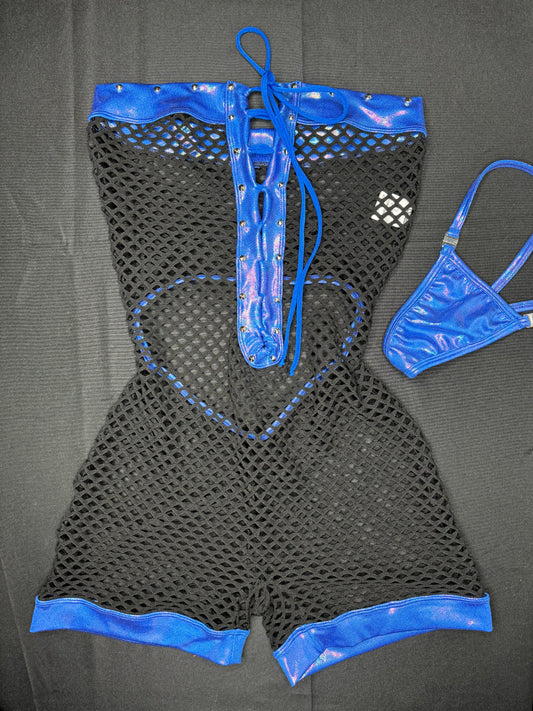 Mystic Blue/Black Fishnet One-Piece Lingerie Outfit