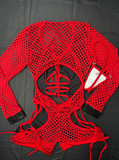 Metallic Black Spandex/Red Fishnet Long Sleeve Romper Lingerie Outfit