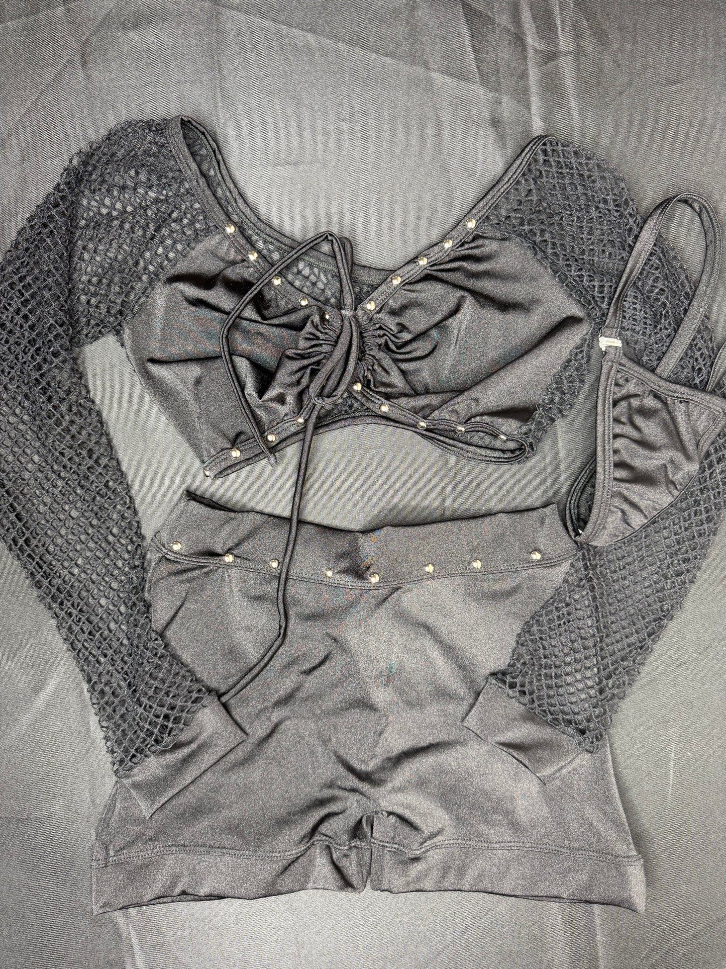 Black Spandex Long Sleeve Top/Ripped Back Shorts Two-Piece Lingerie Outfit